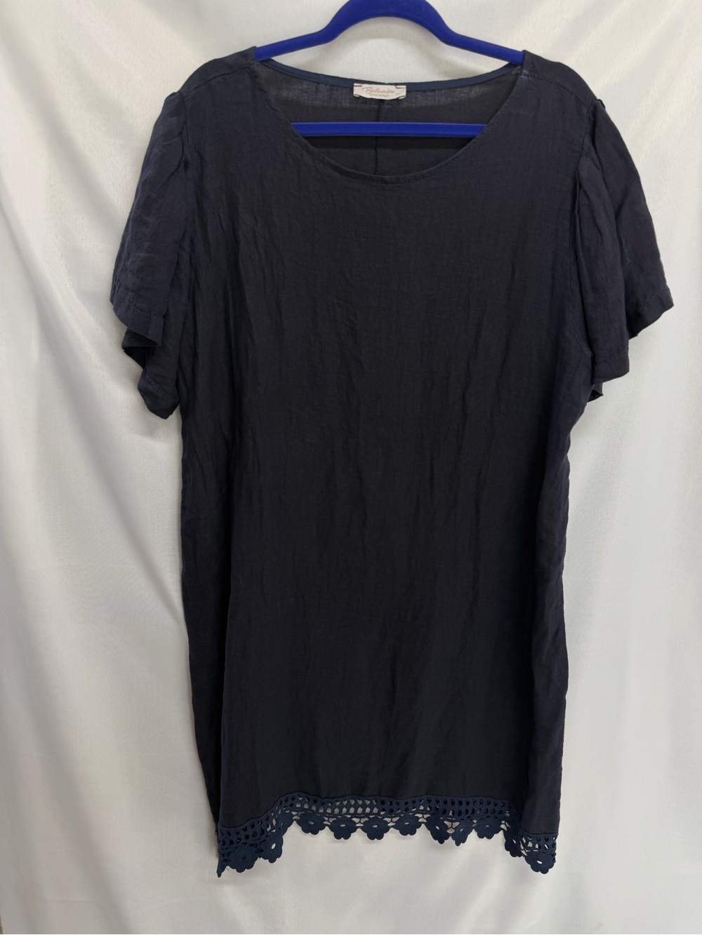 Bellambra Made in Italy Linen Dress Navy Short Sleeve Tunic Crochet Hem 2X - Picture 8 of 8